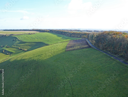 Fototapeta Naklejka Na Ścianę i Meble -  Aerial view of the fields at Monks Down in Wiltshire	