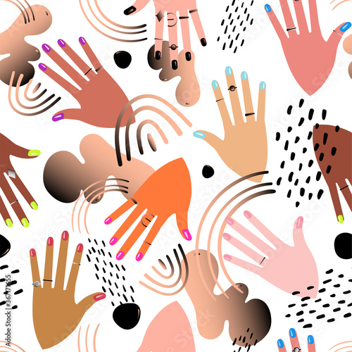 Seamless pattern with hands showing manicure and nail care abstract spots. Vector illustration.