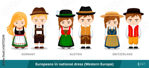 Germany, Austria, Switzerland. Set of european people wearing ethnic traditional costume. Men and women in national dress. Isolated cartoon characters. Western Europe. Vector flat illustration.