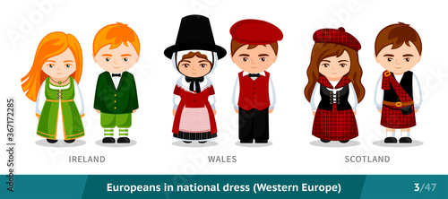 Ireland, Wales, Scotland. Men and women in national dress. Set of european people wearing ethnic traditional costume. Isolated cartoon characters. Western Europe. Vector flat illustration.
