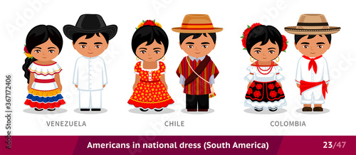Venezuela, Chile, Colombia. Men and women in national dress. Set of latin americans wearing ethnic clothing. Cartoon characters in traditional costume. South America. Vector flat illustration.