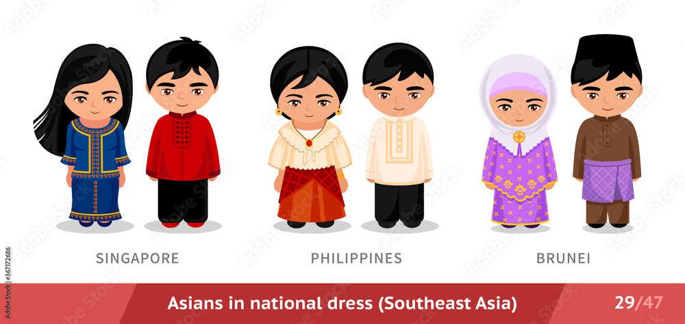 Singapore, Philippines, Brunei. Men and women in national dress. Set of  asian people wearing ethnic traditional costume. Isolated cartoon characters.  Southeast Asia. Vector flat illustration. Stock Vector | Adobe Stock