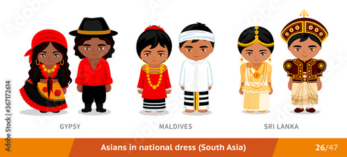 Gypsy, Maldives, Sri Lanka. Men and women in national dress. Set of asian people wearing ethnic clothing. Cartoon characters in traditional costume. South Asia. Vector flat illustration.