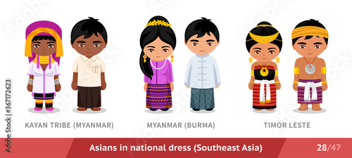 Kayan Tribe, Myanmar, Burma, Timor Leste. Men and women in national dress. Set of asian people wearing ethnic traditional costume. Isolated cartoon characters. Southeast Asia.