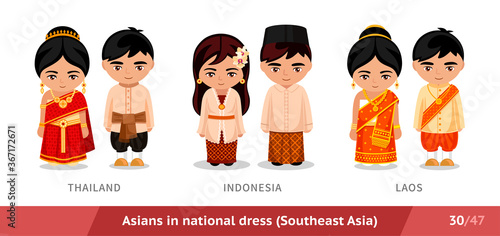 Thailand, Indonesia, LAOS. Men and women in national dress. Set of asian people wearing ethnic traditional costume. Isolated cartoon characters. Southeast Asia. Vector flat illustration.