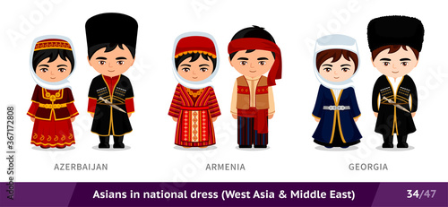 Azerbaijan, Armenia, Georgia. Men and women in national dress. Set of asian people wearing ethnic traditional costume. Isolated cartoon characters. Southeast Asia. Vector flat illustration.