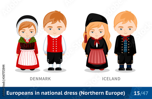 Denmark, Iceland. Men and women in national dress. Set of european people wearing ethnic clothing. Cartoon characters in traditional costume. Northern Europe. Vector flat illustration.