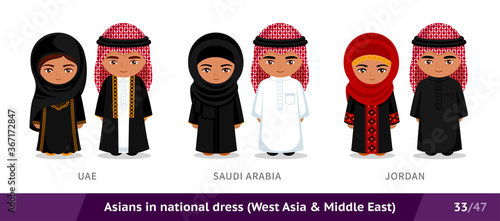 UAE, Saudi Arabia, Jordan. Men and women in national dress. Set of asian people wearing ethnic traditional costume. Isolated cartoon characters. Southeast Asia. Vector flat illustration.