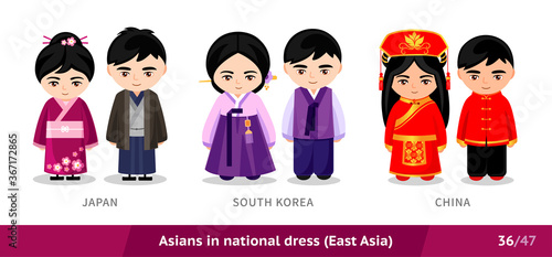 Japan, South Korea, China. Men and women in national dress. Set of asian people wearing ethnic traditional costume. Isolated cartoon characters. East Asia. Vector flat illustration.
