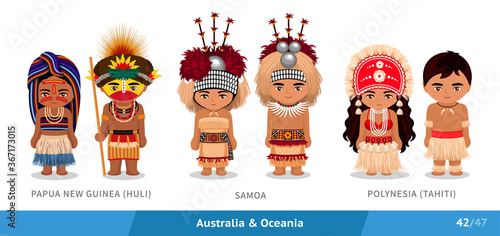 Papua New Guinea, Huli tribe, Samoa, Polynesia, Tahiti. Set of people wearing ethnic traditional costume. Isolated cartoon characters. Australia and Oceania. Vector flat illustration.