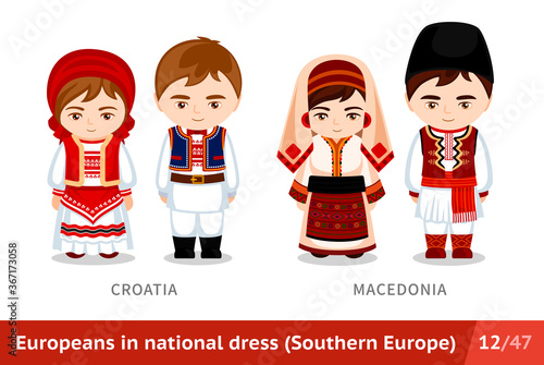 Croatia, Macedonia. Men and women in national dress. Set of european people wearing ethnic clothing. Cartoon characters in traditional costume. Southern Europe. Vector flat illustration. photo