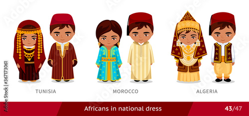 Tunisia, Morocco, Algeria. Men and women in national dress. Set of african people wearing ethnic traditional costume. Isolated cartoon characters. Vector flat illustration. photo