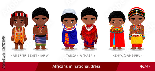 Hamer Tribe, Ethiopia, Tanzania, Masai, Kenya, Samburu. Men and women in national dress. Set of african people wearing ethnic traditional costume. Isolated cartoon characters.