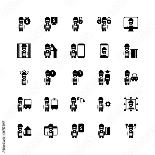 Set of robbery, thief, stealing glyph style icon - vector
