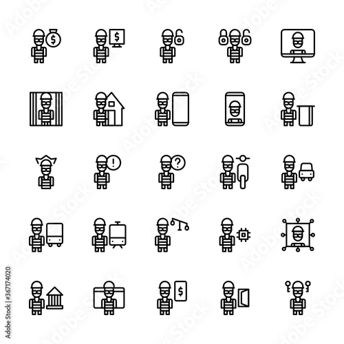 Set of robbery, thief, stealing outline style icon - vector
