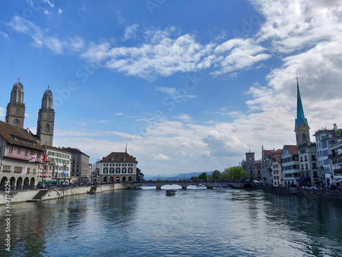 Beautiful view of the historic city center of Zurich from river Limmat, Zurich, Switzerland