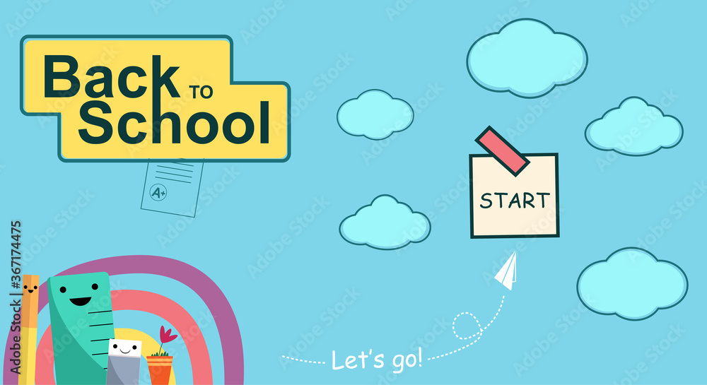 Funny characters for home schooling banner, online education. Web page design template for elementary school, kids. School supplies on blue background Funny characters for home schooling banner, online education. Web page design template for elementary school, kids. School supplies on blue background