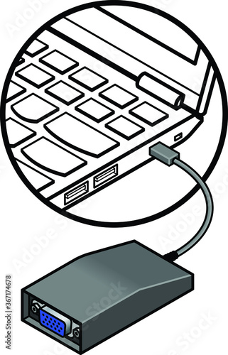 Detail of laptop showing a VGA adapter connected to a proprietary mini / mini HDMI / mini DP port.