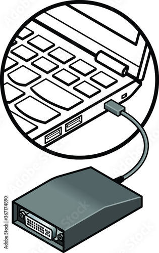 Detail of laptop showing a DVI adapter connected to a proprietary mini / mini HDMI / mini DP port.