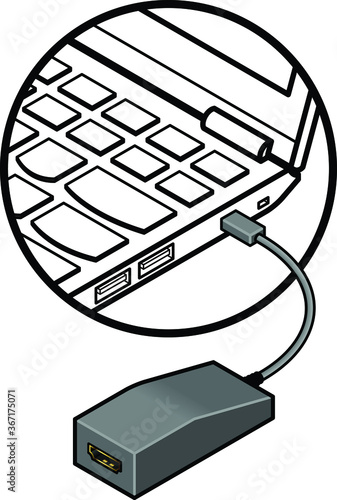 Detail of laptop showing an HDMI adapter connected to a proprietary mini / mini HDMI / mini DP port.