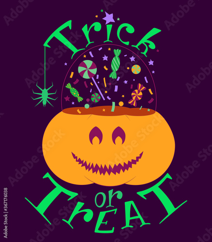 Pumpkin trick or treat bucket sticker. Jack o lantern pot for sweets, candies. Hand drawn graphic element for print design. 