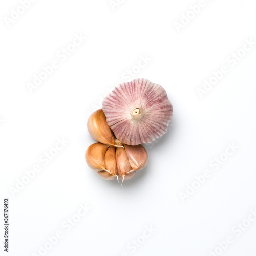 Fresh clean garlic head and cloves isolated on white backgound.