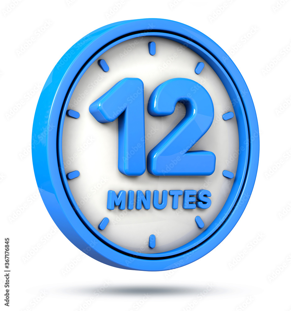 Blue 12 minutes on white background. 12 min logo. 3d illustration. Blue 12 minutes on white background. 12 min logo. 3d illustration.