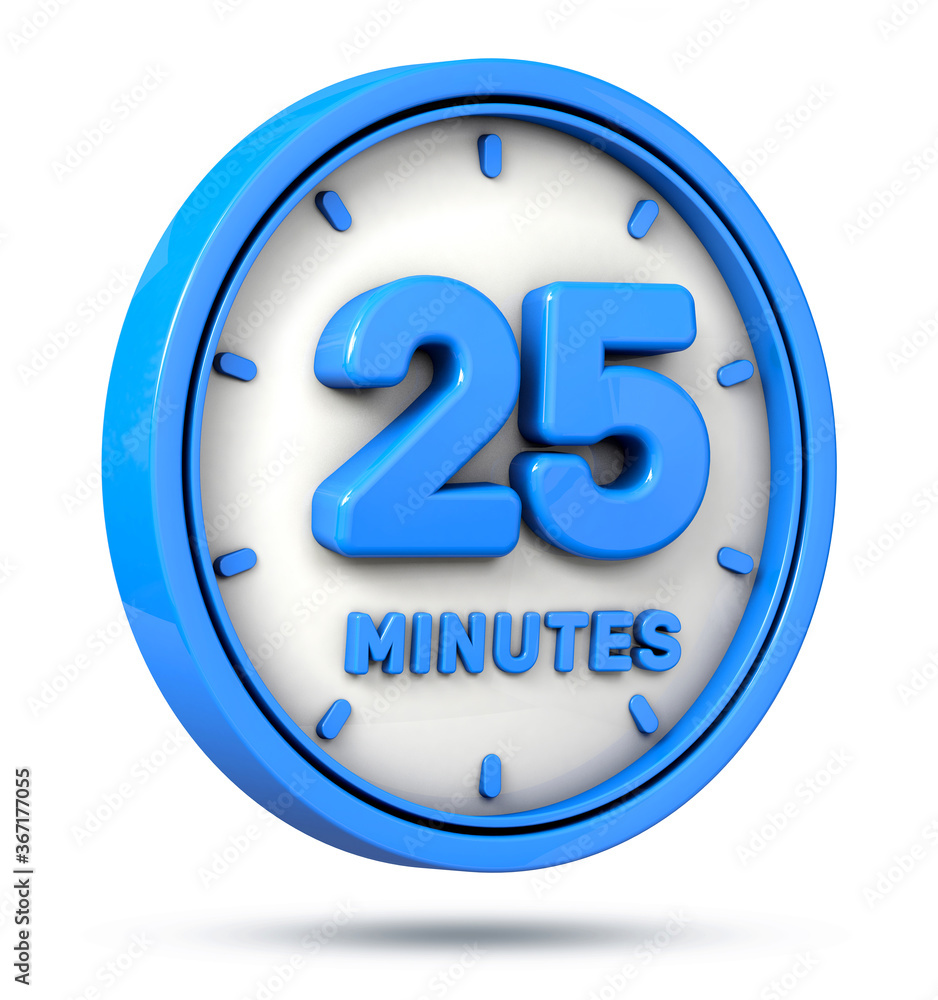 Blue 25 minutes on white background. 25 min logo. 3d illustration. Blue 25 minutes on white background. 25 min logo. 3d illustration.