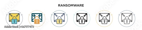 Ransomware icon in filled, thin line, outline and stroke style. Vector illustration of two colored and black ransomware vector icons designs can be used for mobile, ui, web