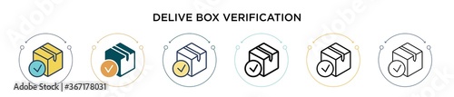Delivered box verification icon in filled, thin line, outline and stroke style. Vector illustration of two colored and black delivered box verification vector icons designs can be used for mobile, ui,