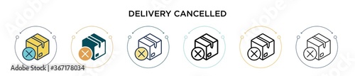 Delivery cancelled icon in filled, thin line, outline and stroke style. Vector illustration of two colored and black delivery cancelled vector icons designs can be used for mobile, ui, web