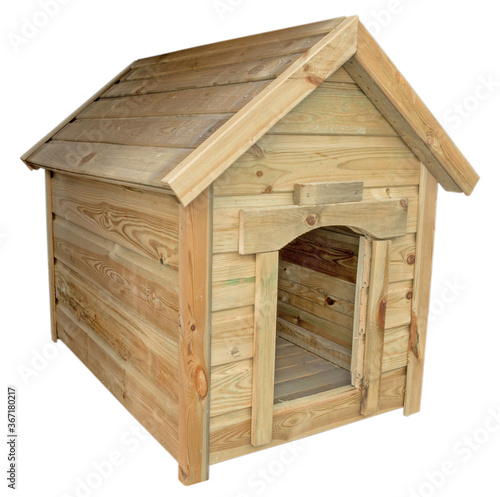 A doghouse with a gable roof, made of yellow laid horizontally wooden planks inserted into each other and fastened with screws. The object is isolated on a white background.