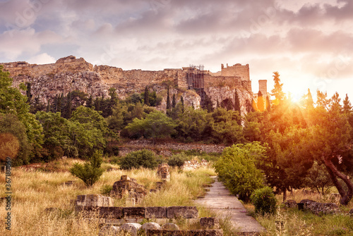 Landscape of Athens, Greek Agora overlooking Acropolis, Greece