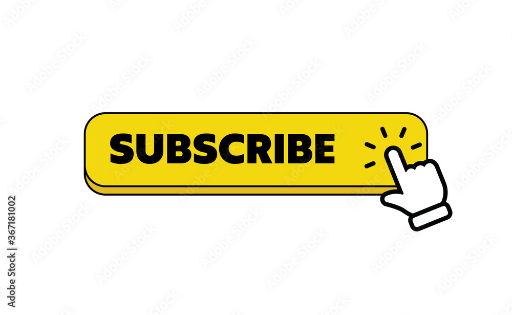 Subscribe button with hand click icon. Finger pointer clicking web site call to action. Clic vector. Subscribe button with hand click icon. Finger pointer clicking web site call to action. Clic vector.