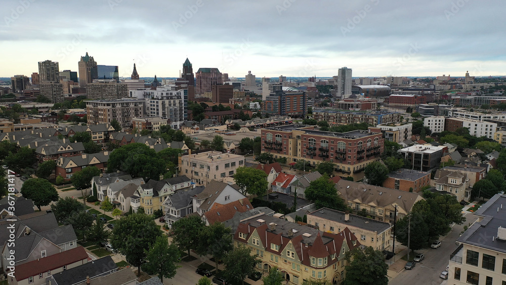 Aerial view of the Milwaukee skyline from the north side of the city. Cloudy morning, summertime.