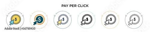 Pay per click icon in filled, thin line, outline and stroke style. Vector illustration of two colored and black pay per click vector icons designs can be used for mobile, ui, web