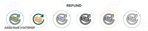 Refund icon in filled, thin line, outline and stroke style. Vector illustration of two colored and black refund vector icons designs can be used for mobile, ui, web