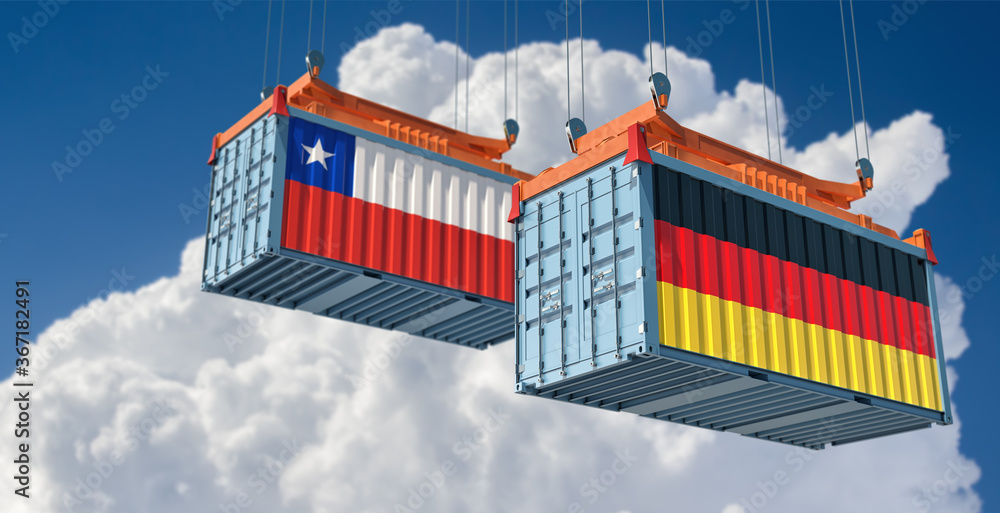 Freight containers with German and Chile flag. 3D Rendering 