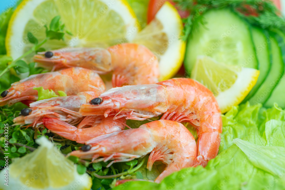 Shrimp, vegetable slices and greens for shrimp salad Shrimp, vegetable slices and greens for shrimp salad