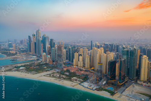 Photography Aerial view of Marina skyscrapers in Dubai during sunset