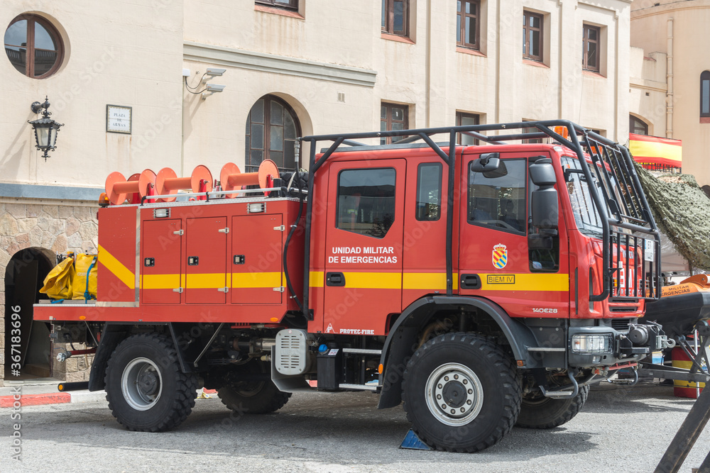 Barcelona, Spain; August 15, 2018: Big red truck of firefighters parked in Barcelona city