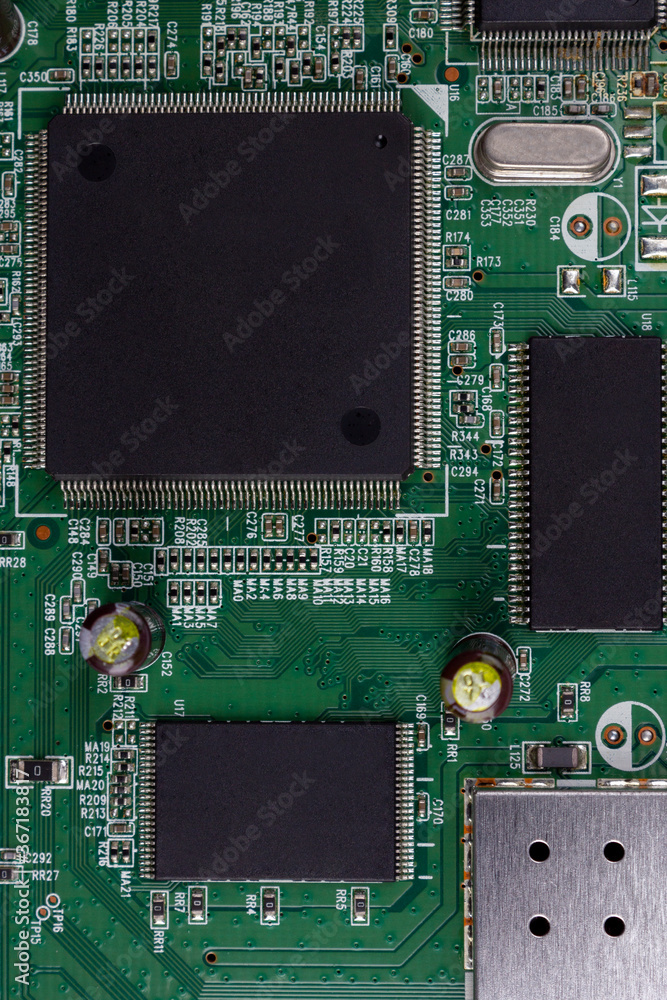 Selective focus electronic circuit board PCB with components: microchip, processor, integrated circuits, capacitors, resistances and electronic connections are noted. High-quality macro. Selective focus electronic circuit board PCB with components: microchip, processor, integrated circuits, capacitors, resistances and electronic connections are noted. High-quality macro.