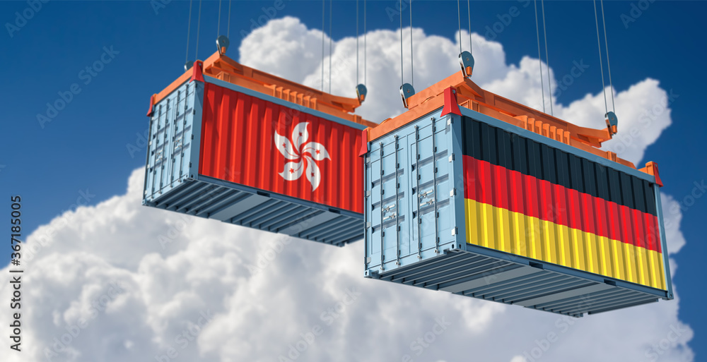Freight containers with German and Hong Kong flag. 3D Rendering 