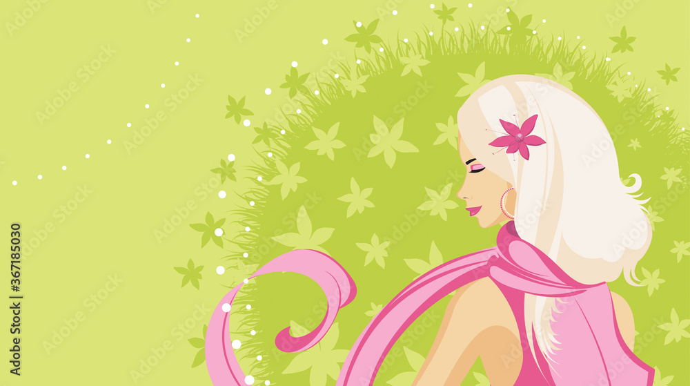 Blonde girl with pink scarf on color background with flowers. Copy space. Blonde girl with pink scarf on color background with flowers. Copy space.
