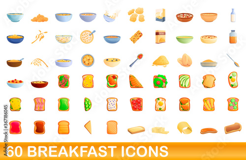 60 breakfast icons set. Cartoon illustration of 60 breakfast icons vector set isolated on white background