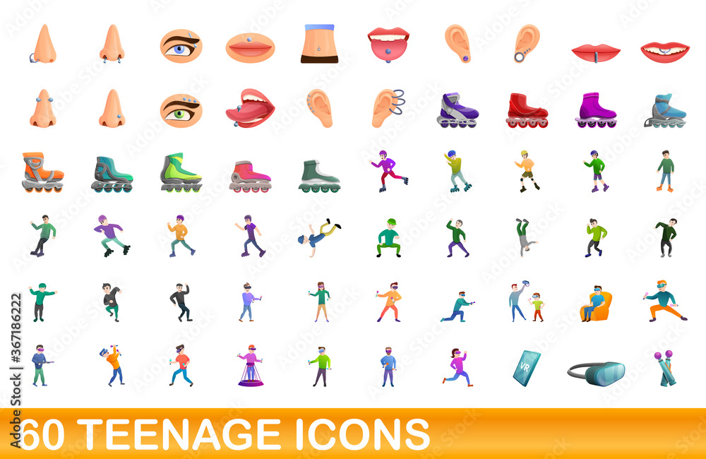60 teenage icons set. Cartoon illustration of 60 teenage icons vector set isolated on white background