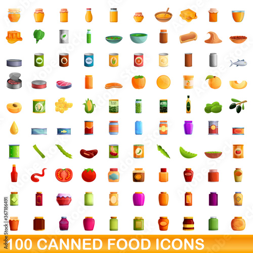100 canned food icons set. Cartoon illustration of 100 canned food icons vector set isolated on white background