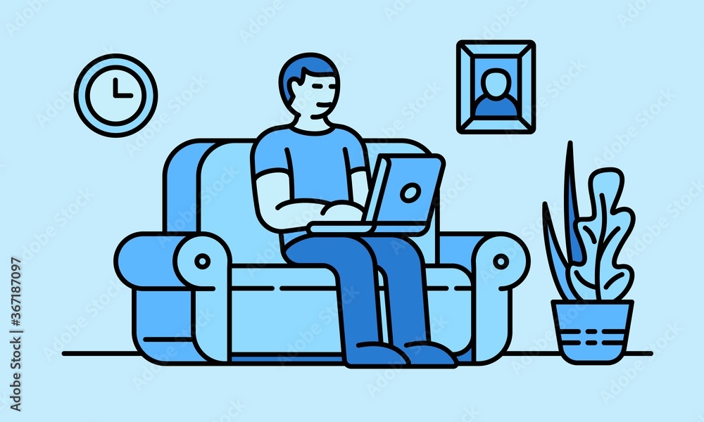 Freelancer at sofa banner. Outline illustration of freelancer at sofa vector banner for web design Freelancer at sofa banner. Outline illustration of freelancer at sofa vector banner for web design
