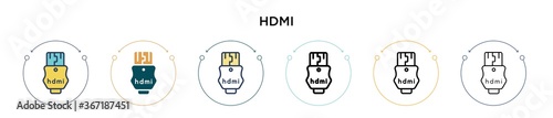 Hdmi icon in filled, thin line, outline and stroke style. Vector illustration of two colored and black hdmi vector icons designs can be used for mobile, ui, web
