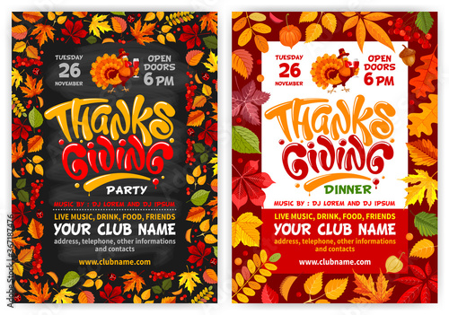 Set of flyers or posters vector templates for Thanksgiving. Black chalkboard and red background with autumn leaves frame. Cheerful turkey, calligraphic inscription Thanksgiving and space for your text